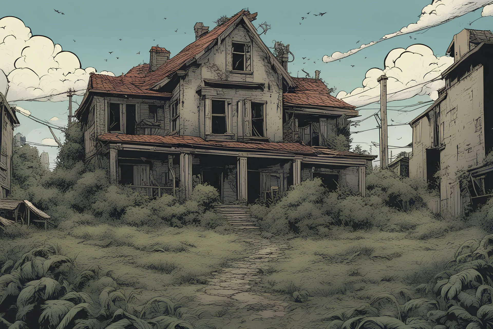 house, overgrown apocalyptic city background, comic book,