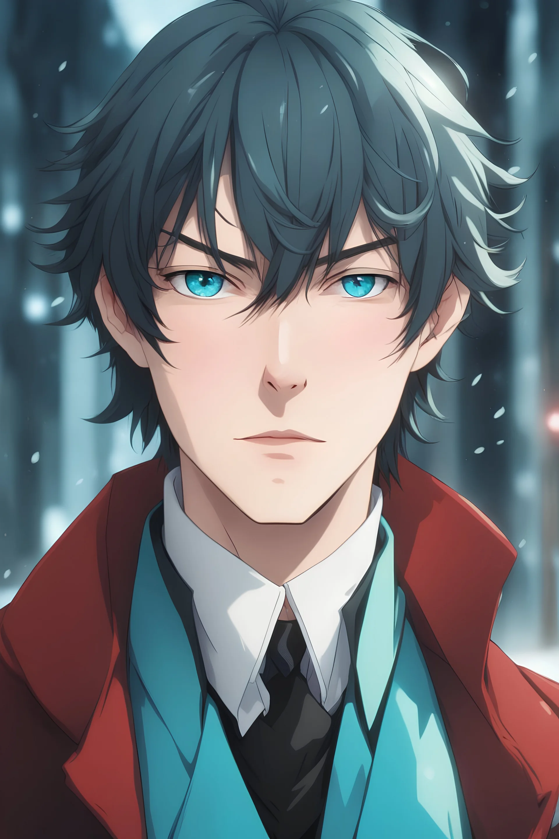 A handsome and cute man resembling Fyodor Dostoevsky from Bungo Stray Dogs, with mesmerizing blue turquoise eyes, soft fair complexion, attractive lip, black gentle thin hair in a Triple Bangs haircut, and softer shaved skin giving a seductive stare (looking Androgyne with a red winter coat)