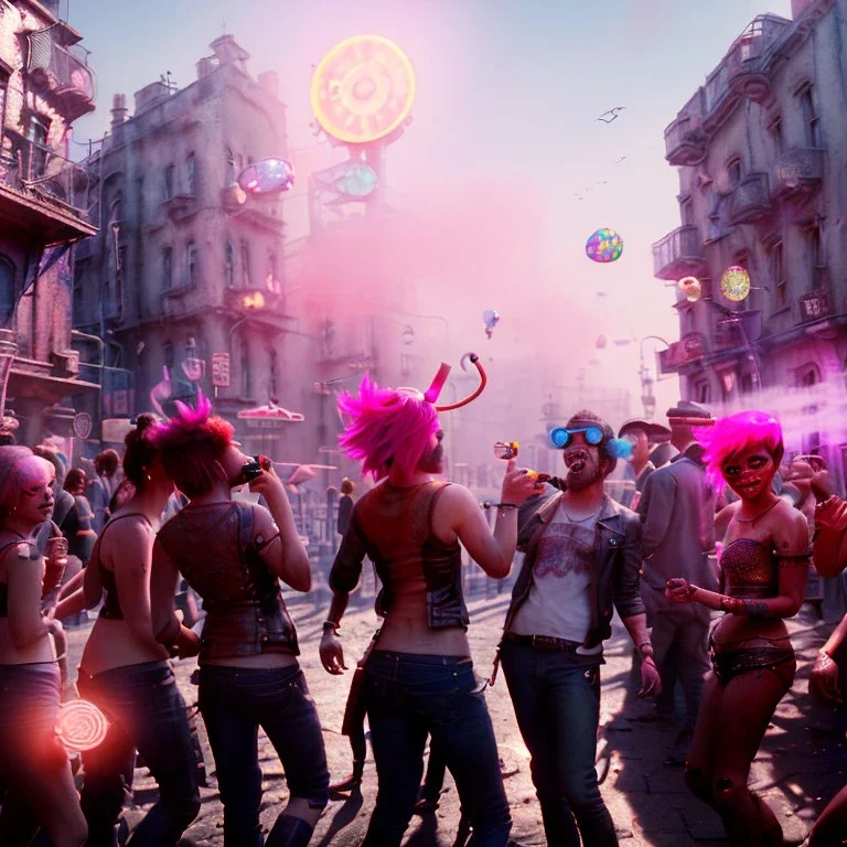 Ultra Realistic photo, medium shot view, drunken women, carnival scene, sexy steampunk. Pink hair, confeti, Sunglasses, smoking, happy, too hot, red fog. highly detailed, concept art, unreal engine 5, ray tracing, RTX, lumen lighting, ultra detail, volumetric lighting, 3d, finely drawn, high definition, high resolution.