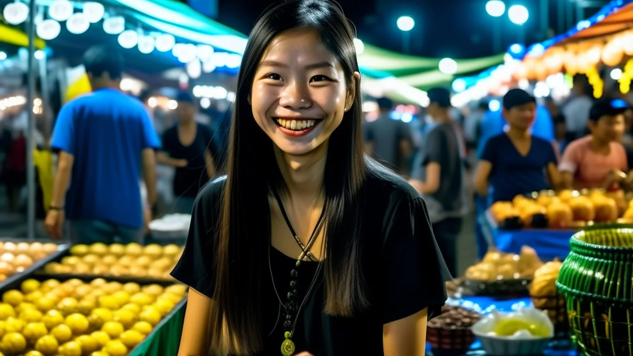 A night market in Bangkok, Thailand, illuminated by lanterns and streetlights. Thai vendors sell street food and souvenirs. A young Thai woman with long black hair, wearing a traditional dress, smiles at customers.