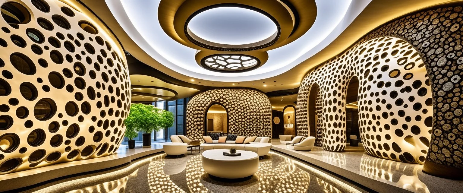 A luxurious hotel with a modern, organic design featuring intricate circles and curves.