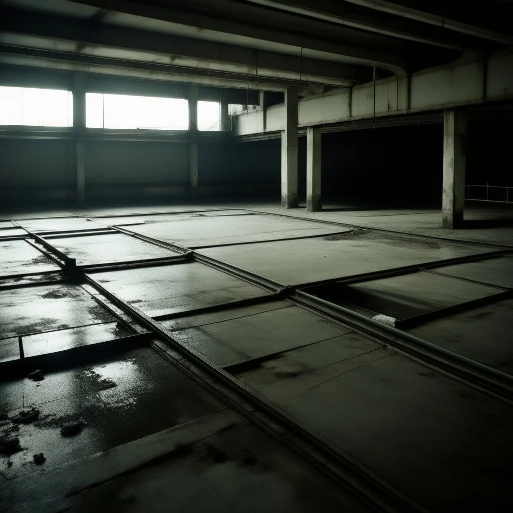 Minimal contemporary abstract oil-painting of desolate 1960s carpark with road markings and concrete fragments. Overlay with grungy typography graphics. style of Justin Mortimer and Francis Bacon.