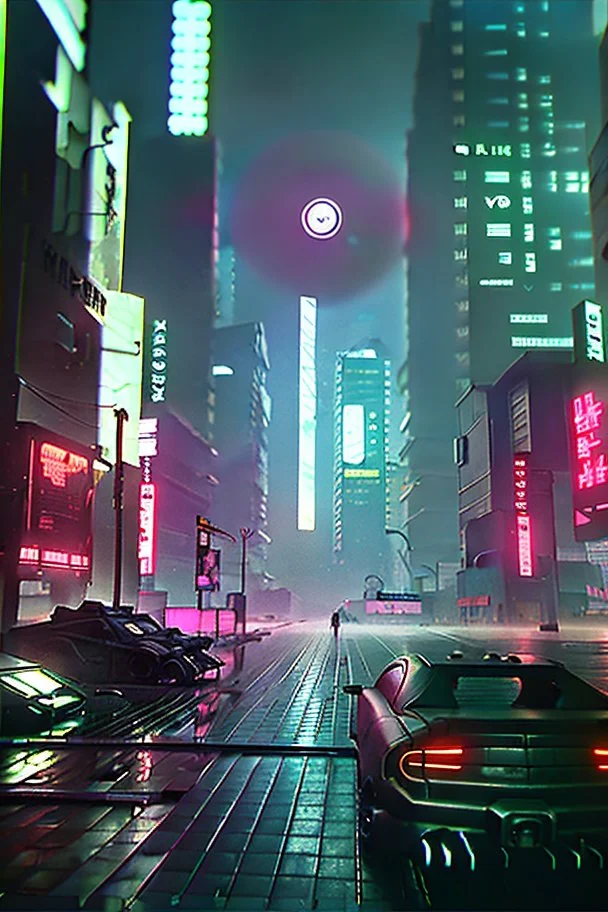 Cyberpunk district with giant foggy skyscarpers, cars, FoV: 100, HD, Unreal Engine 4, heavy rain, rainy streets reflection, neon signs, low contrast, grainy, less color, titanfall,