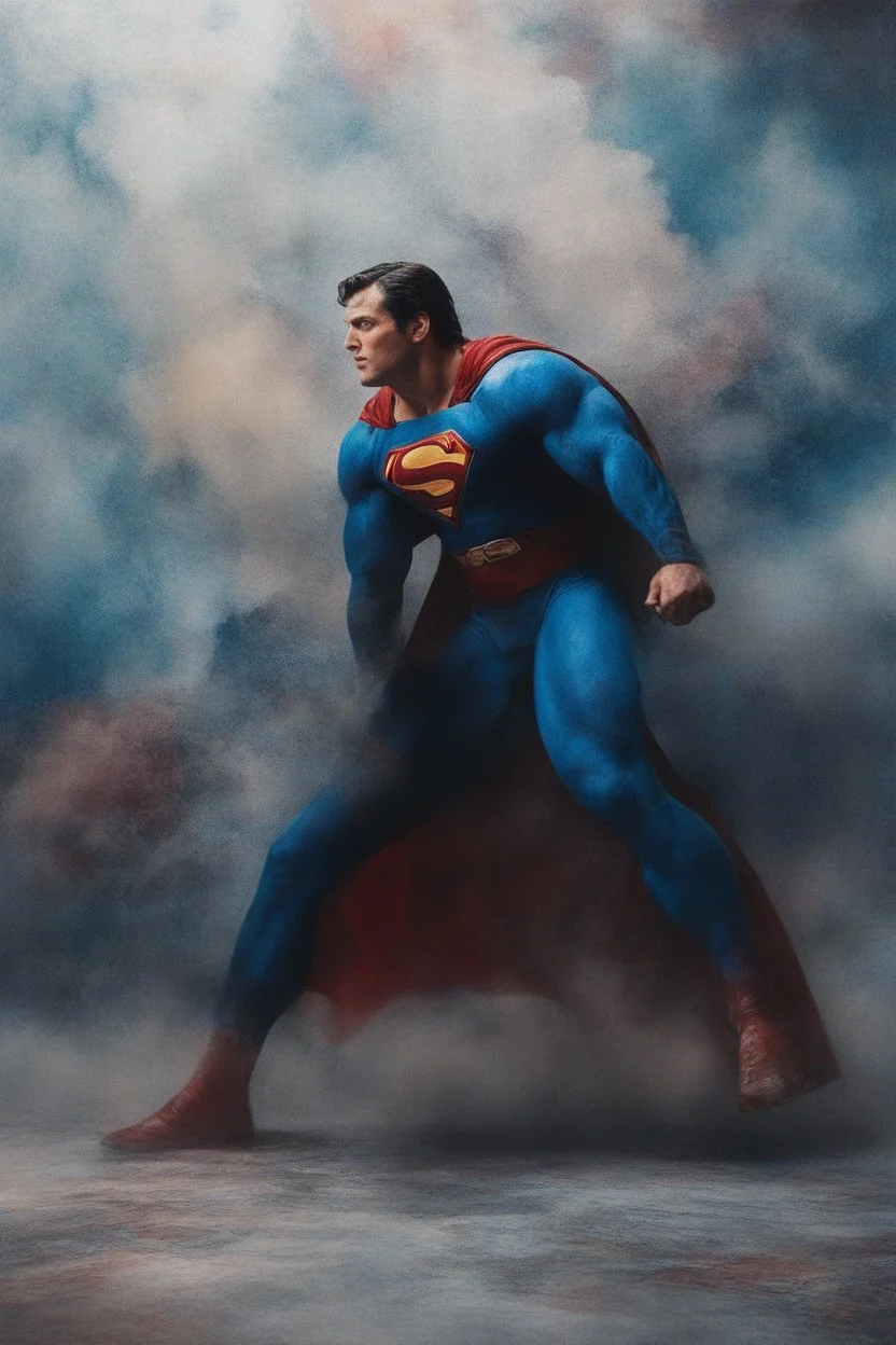 Superman, Christopher Reeve/Henry Cavill/David Corenswet Superman, extremely huge, overexaggerated muscles, posing and flexing in a front of the camera, random extreme action poses, an extremely colorful, multicolored foggy blue marble wall in the background with a colorful marble tile floor, multicolored lightning, realism engine,