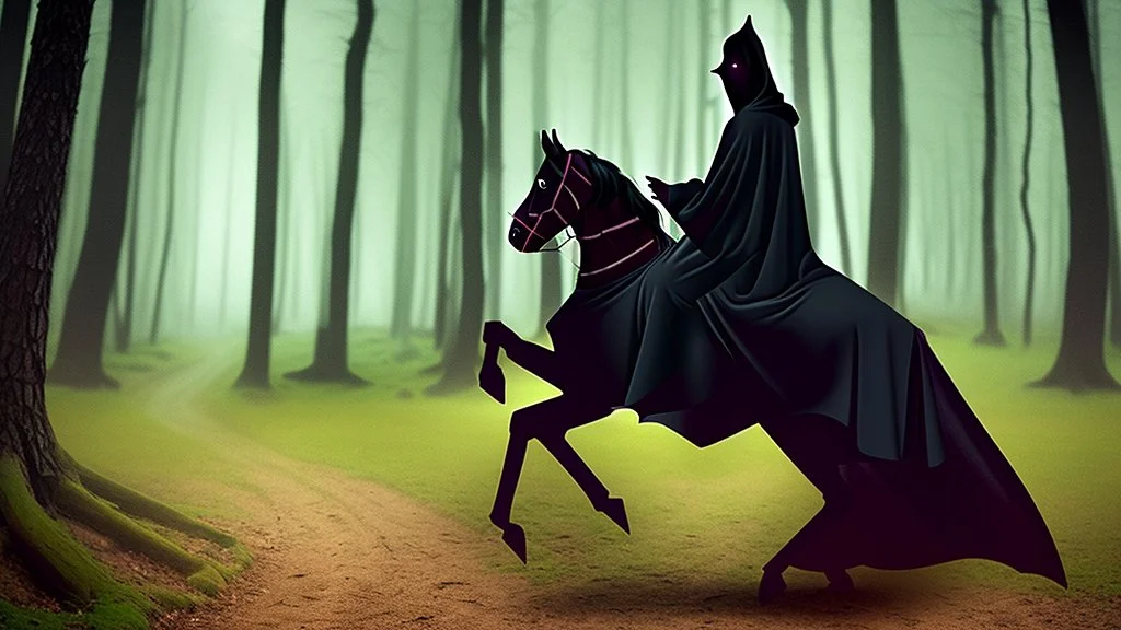 Dark robed wizard on a horse in the forest