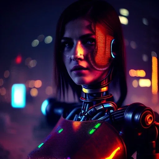 fullbody portrait,beautiful female robot, intense stare, sad eyes, post-apocalyptic in a cyberpunk city, realistic, intriacte detail, sci-fi fantasy style, volumetric lighting, particles, highly detailed ,cinamatic , deep colours,8k, by Caravaggio