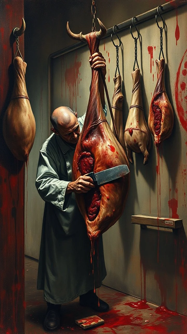Bosch style painting , A shadow of a spirit inside a bloody butcher store , the butcher is cutting a big cow meat hanging with hooks with details on red bloody background of a meat store , blood is everywhere on the wall and his clothes