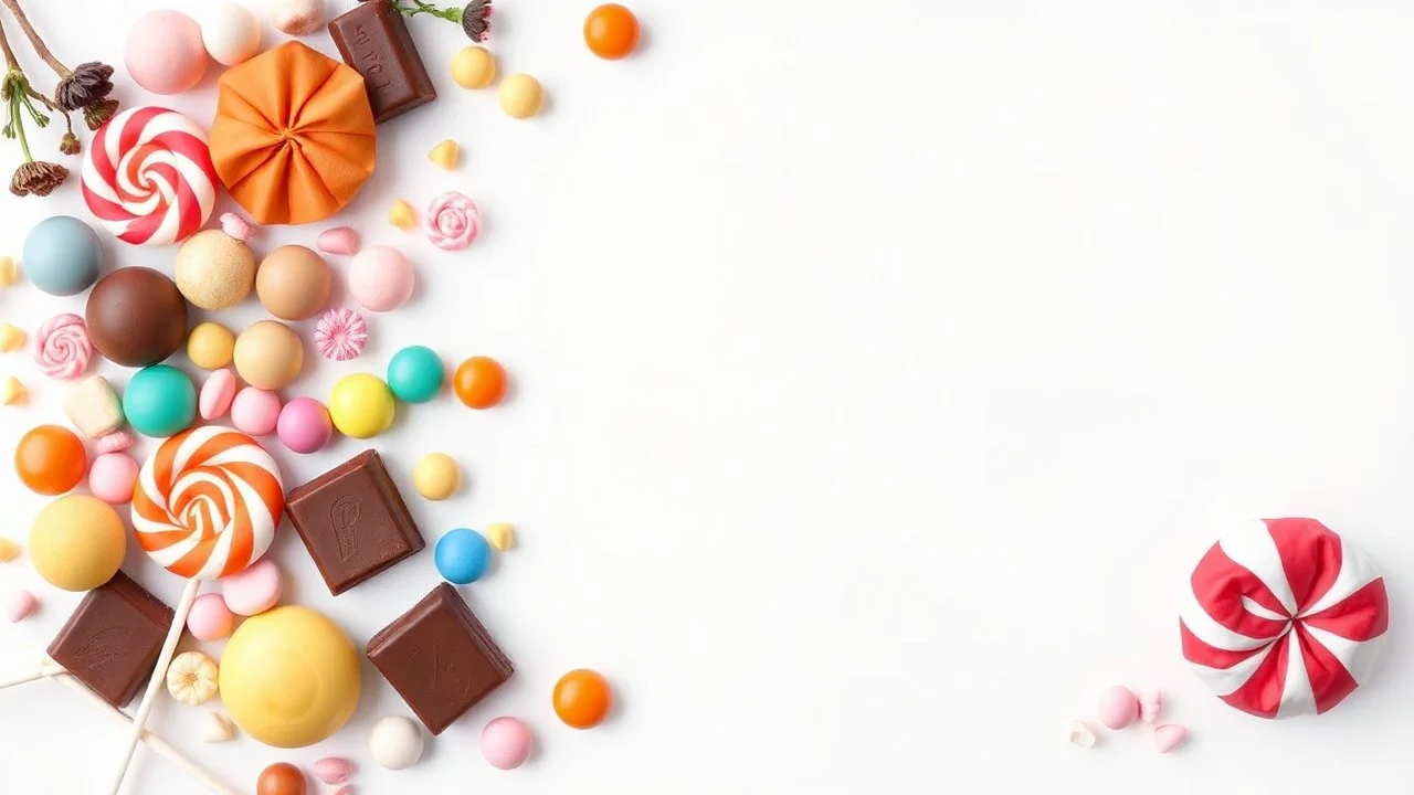 A beautiful image filled with chocolate, lollipops, and various colored pastels and candies on the left side of the image with a white, orange, and pale blue background theme.