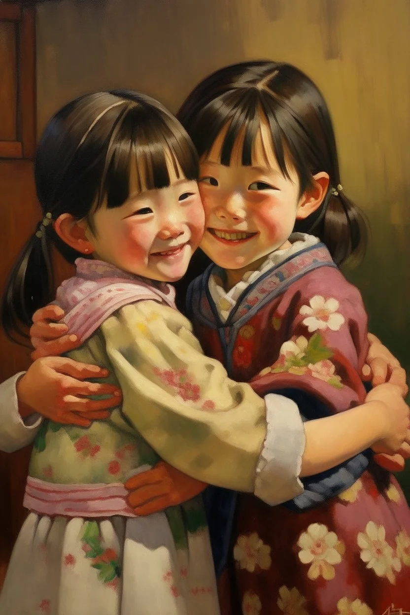 japanese childeren girls hugging each other and smiling painting neoclassism