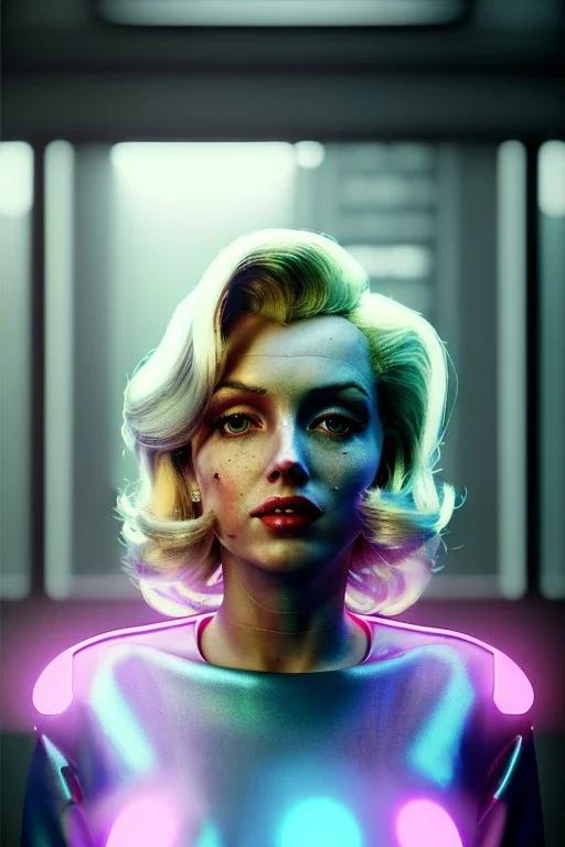 Ultra Realistic sci-fi scene, portrait, blonde woman, sweet Marylin Monroe face, perfect iris, glow eyes, makeup. Aliens background, Retro sci-fi style, helmet, tight latex coat, fog, rain, soft color, highly detailed, unreal engine 5, ray tracing, RTX, lumen lighting, ultra detail, volumetric lighting, 3d, finely drawn, high definition, high resolution.