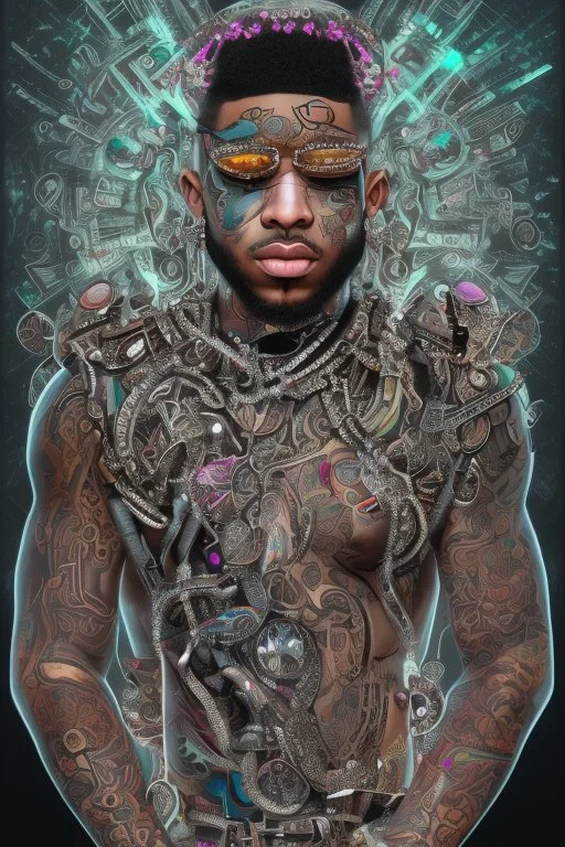 Black rapper with all the jewelery and tattoos, scateboard. Surrounded by an abstract backstreet graffiti vibe