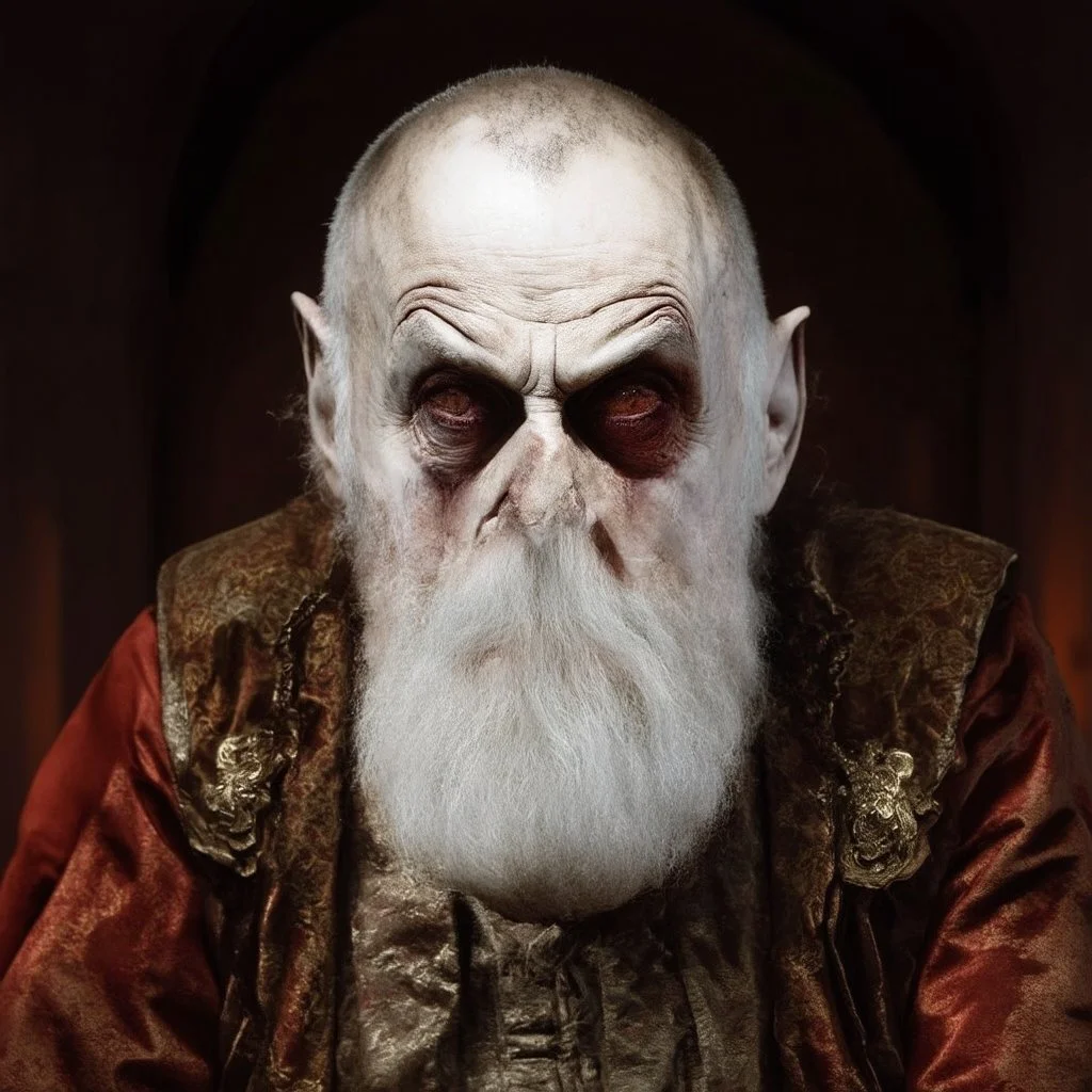 very grainy discolored modern photo, closeup portrait, dark ancient hall with no lights, grunge, extremely old male with chalk-white skin wearing old dashing and opulent gilded clothes, threatening, imposing, nosferatu