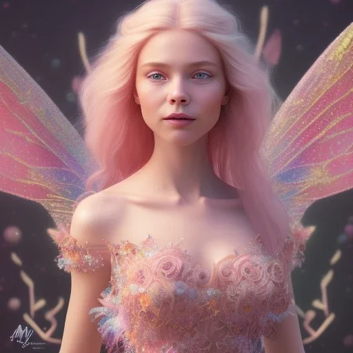 a pink castle, a cheerful fairy in front, big smile, pink, blonde hair, beautiful, whole face, whole top hair head, wide open blue eyes, transparent wings onn the back, hyperrealism, masterpiece, expert, cinematic lighting, sharp focus, 8K, pastel, macro lens, woman, detailed, flower