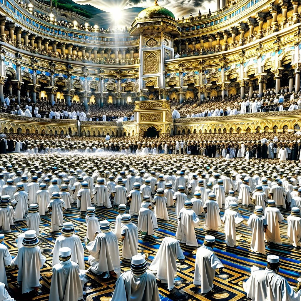 The scene in Mecca: People wearing white Ihram clothes, men without head coverings, women with veils, circumambulating around the Kaaba, and above them are transparent white spirits of children, men, and women with wings revolving around the Kaaba.