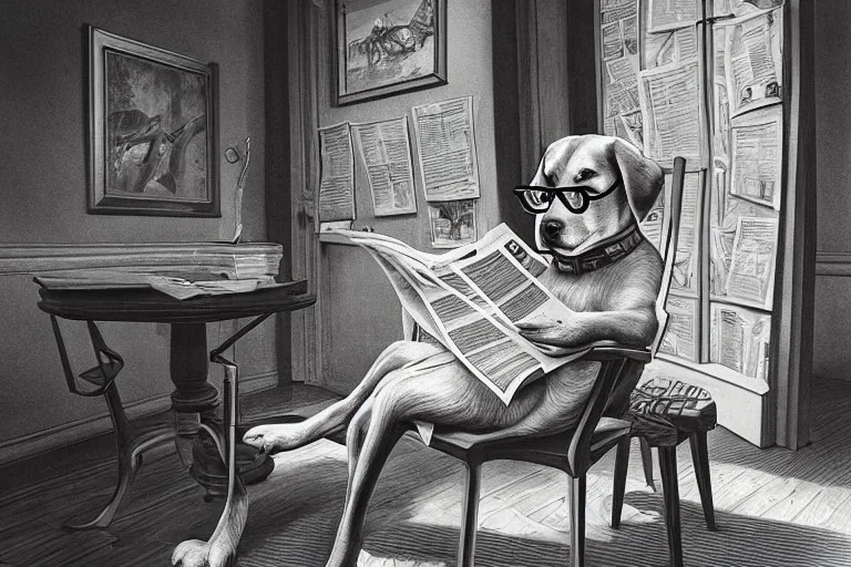 Dog sat on a chair wearing a pair of glasses and reading the newspaper, surrealism, maximalism, dynamic lighting, dynamic movement, panorama, wide-angled lense, DSLR, intricately detailed