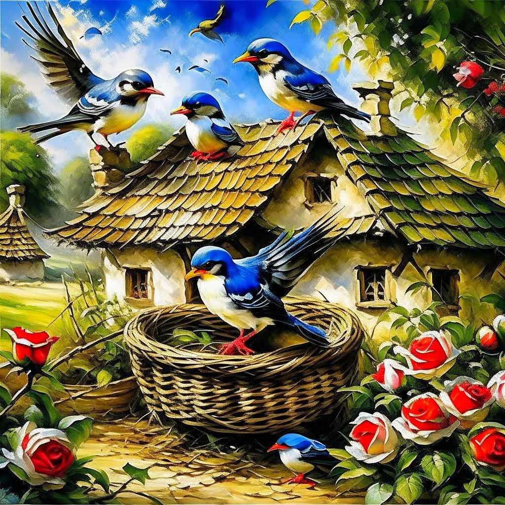 captivating cinematic painting masterfully blending traditional illustration, 3D rendering, and wildlife photography, depicts a picturesque old stone farmhouse with a thatched roof. The harmonious blend of artistic styles creates an atmosphere of serene tranquility, warmth, nostalgia, and timeless beauty. In the cozy home on the roof, three adorable baby swallows rest in their nest, watched over by a swift adult swallow soaring around them. Vibrant hollyhocks cascade along the walls, and hay in