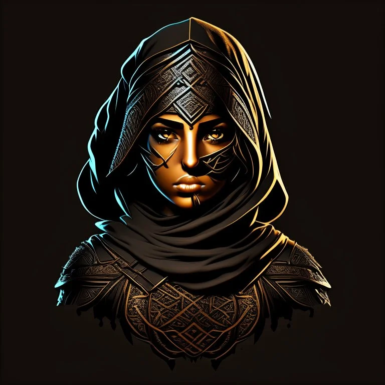 Arab warrior girl, vectorized, 3D, 8k, black background