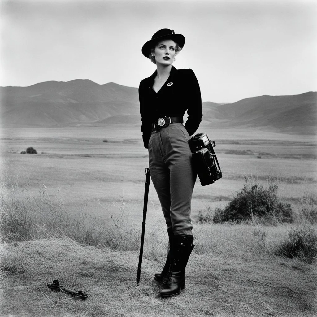 [art by Russ Meyer] Lee Miller stands with her camera in the battlefield. she shows off her garters. This war photographer is a fascinating figure indeed. She captured powerful images during World War II, showcasing the realities of conflict with a unique perspective. Her work is a testament to the courage and artistry of photojournalists in documenting history.