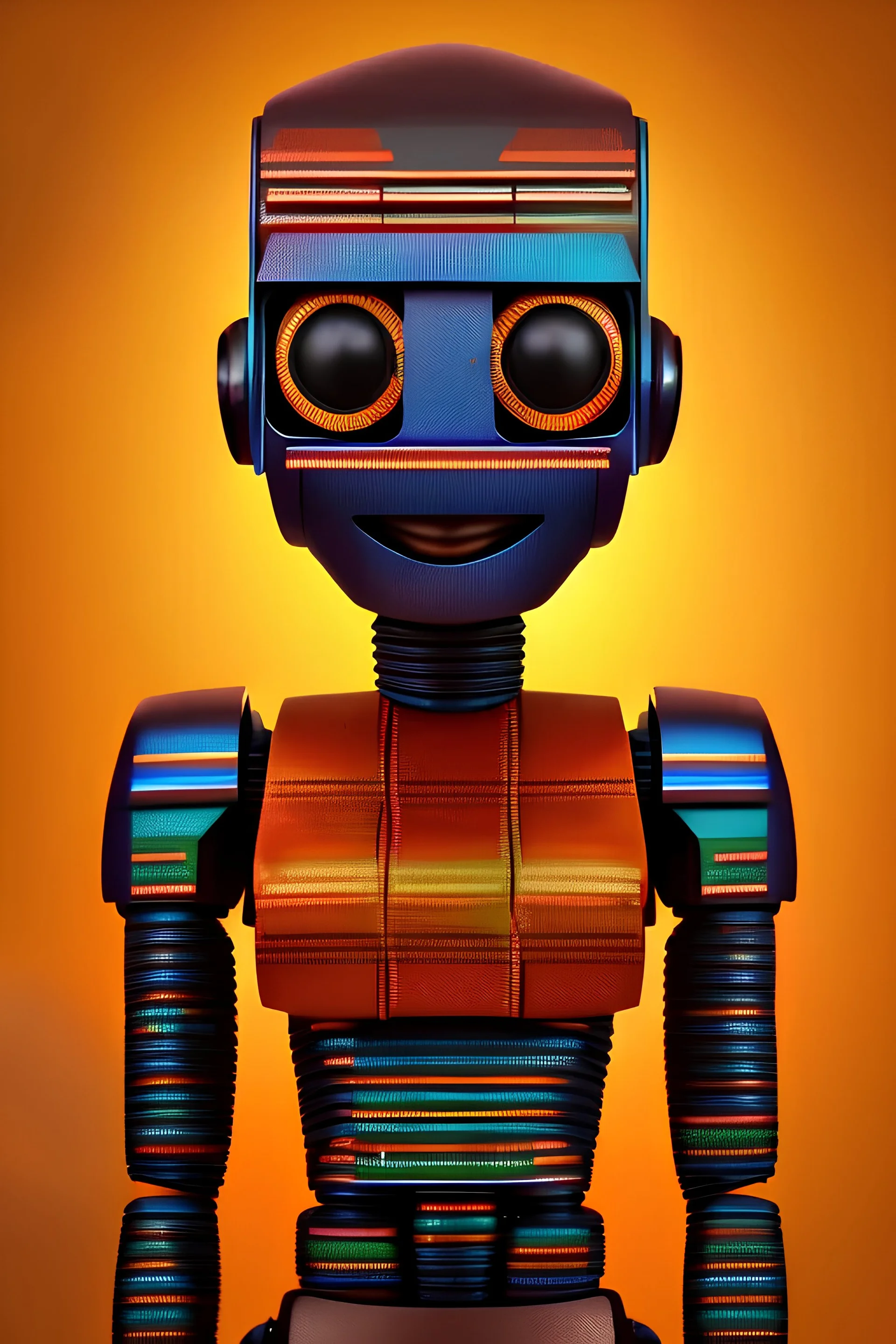 robot portrait in Kente, rusted clock eyes, cinematic, ghana flag, african pattern symbols, engraved, 8k quality