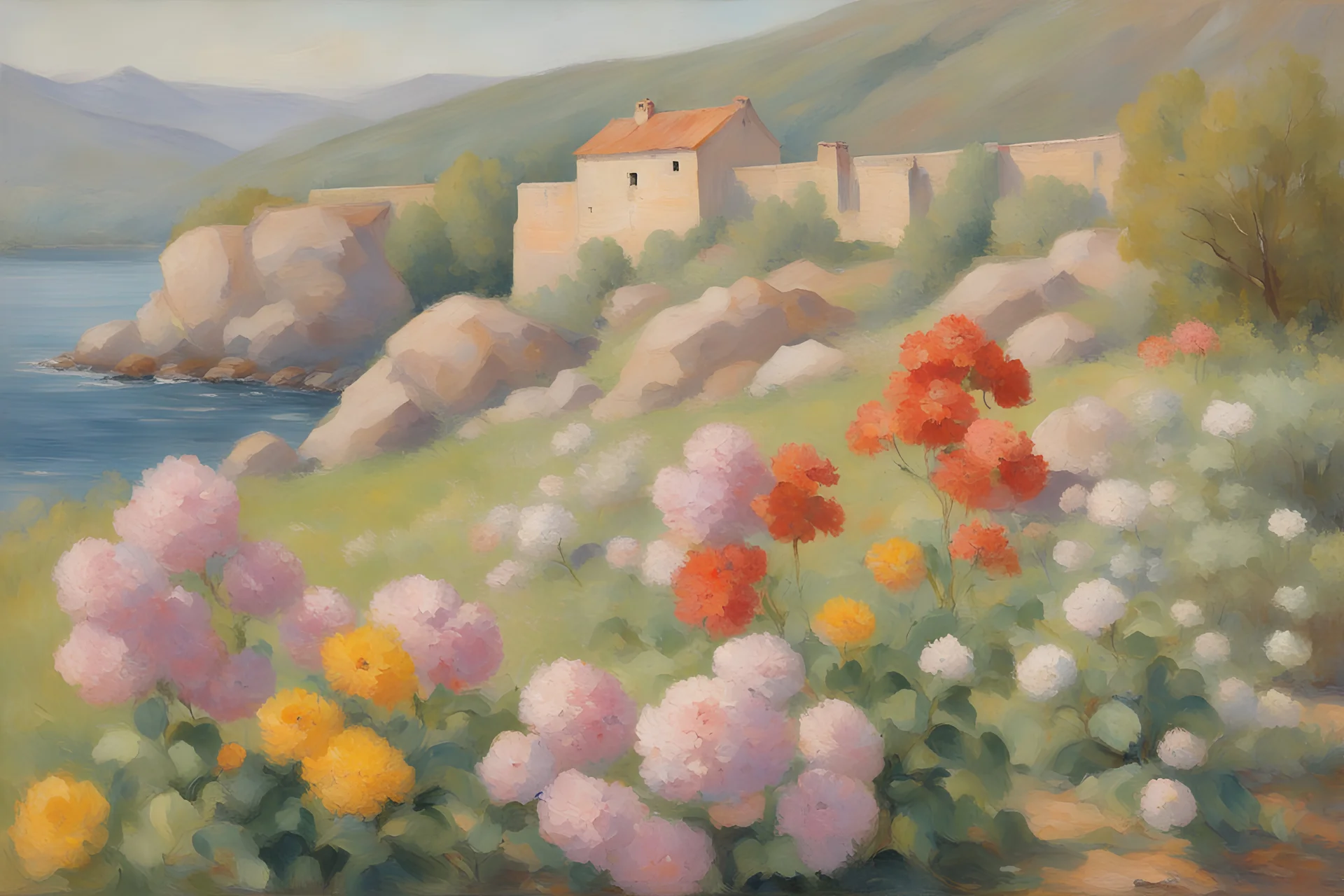 sunny day, stone wall, flowers, spring, normal mountains, river, rocks, distant house, epic, jenny montigny, rodolphe wytsman, and wilfrid de glehn impressionism paintings