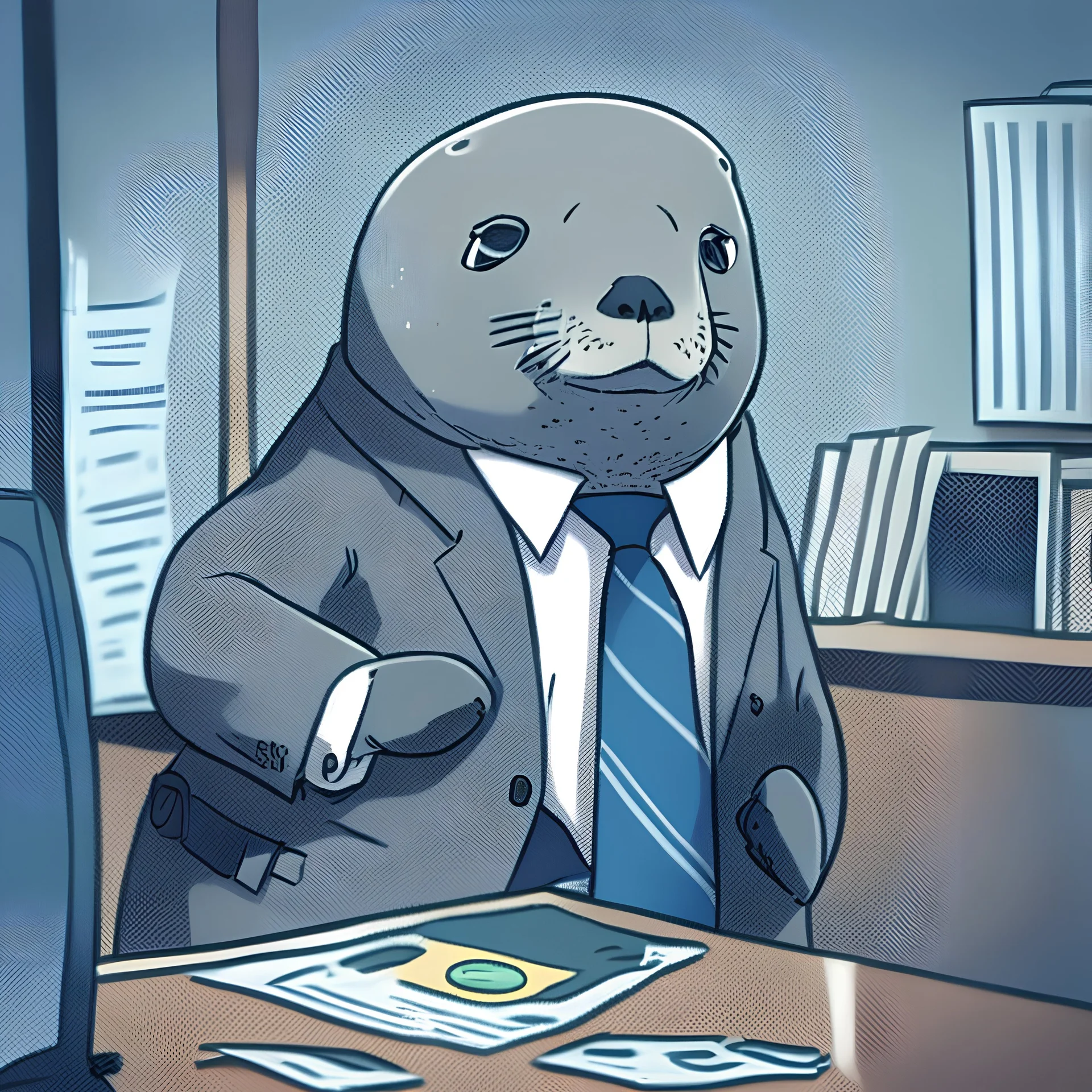 Worried seal in office suit doing his tax return anime style