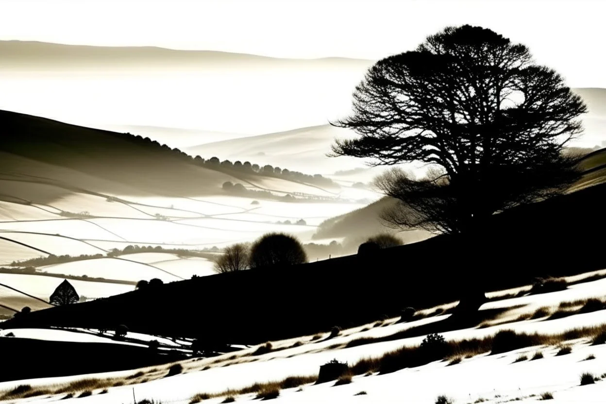 silhouette white background of beatuful scenic picture castleton peakdistrict uk from a distance scenery painting