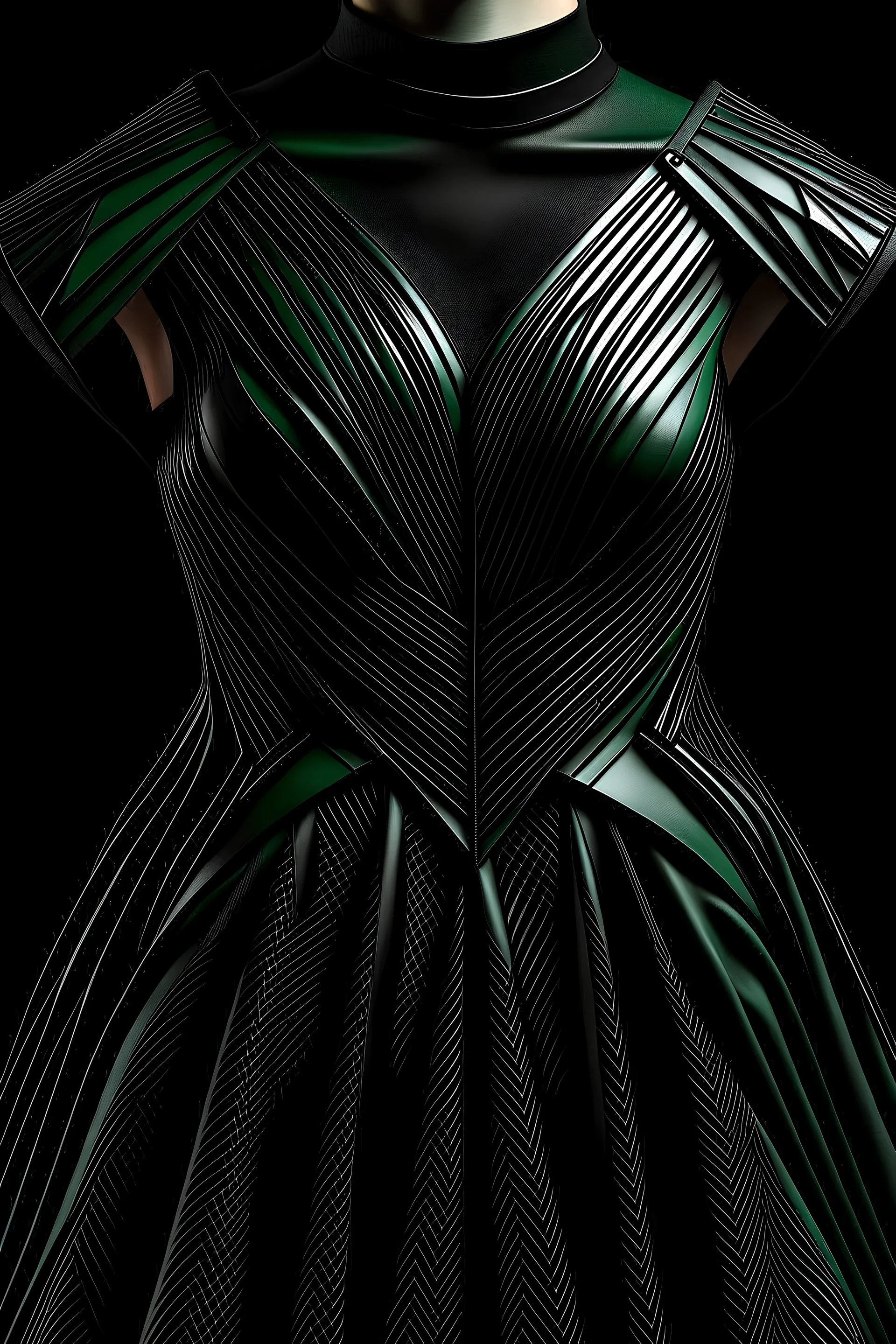 A dark green leather dress, off the shoulder, without sleeves, inspired by the fractal in geometry used in pleats.