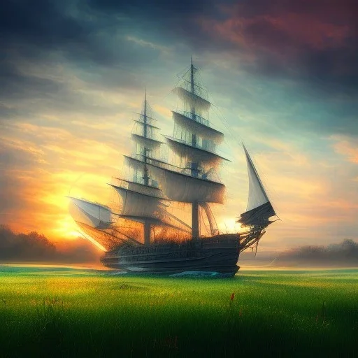 ship, green meadow, sunset, photorealistic, 8k