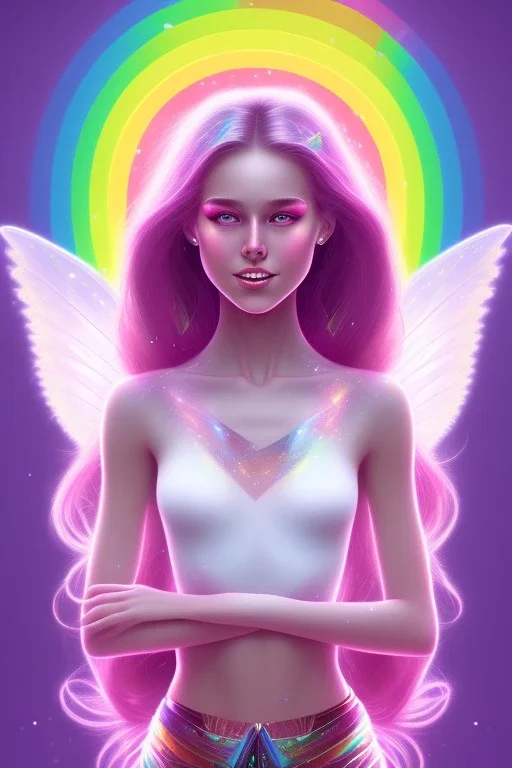 smiling girl, cute, beautiful, long hair, rainbows, fairy wings, light colors, bright