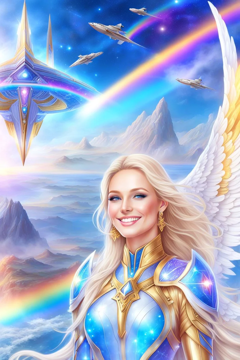 cosmic woman angels smile,admiral high commander from the future, one fine whole face, crystalline skin, expressive blue eyes,rainbow, smiling lips, very nice smile, costume rainbow pleiadian, Beautiful tall woman pleiadian Galactic commander, ship, perfect datailed golden galactic suit, high rank, long blond hair, hand whit five perfect detailed finger, amazing big blue eyes, smilling mouth, high drfinition lips, cosmic happiness, bright colors rainbow, blue, pink, gold, jewels, realist,8k