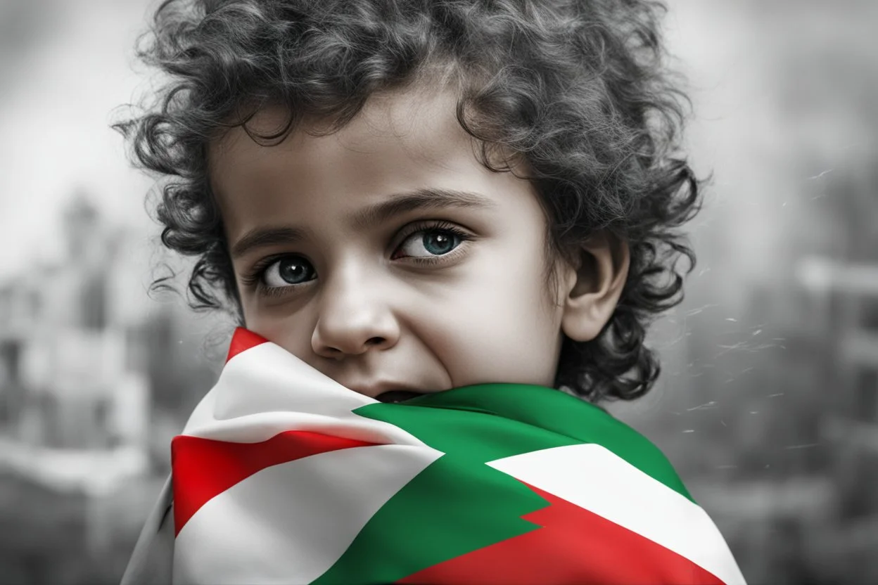 A crying Palestinian child in a broken hospital, Palestine flag, neon effect , close picture, highly detailed, high details, detailed portrait, masterpiece,ultra detailed, ultra quality