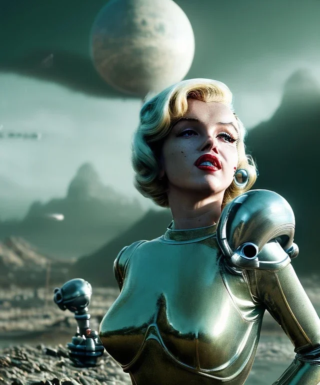 Ultra Realistic retro sci-fi 1960 scene, waist up view portrait, blonde woman, sweet young Marilyn Monroe face, perfect iris, tight latex coat, alien planet background, tight style, steel sphere dron levitating, fog, rain, soft color, highly detailed, unreal engine 5, ray tracing, RTX, lumen lighting, ultra detail, volumetric lighting, 3d, finely drawn, high definition, high resolution.