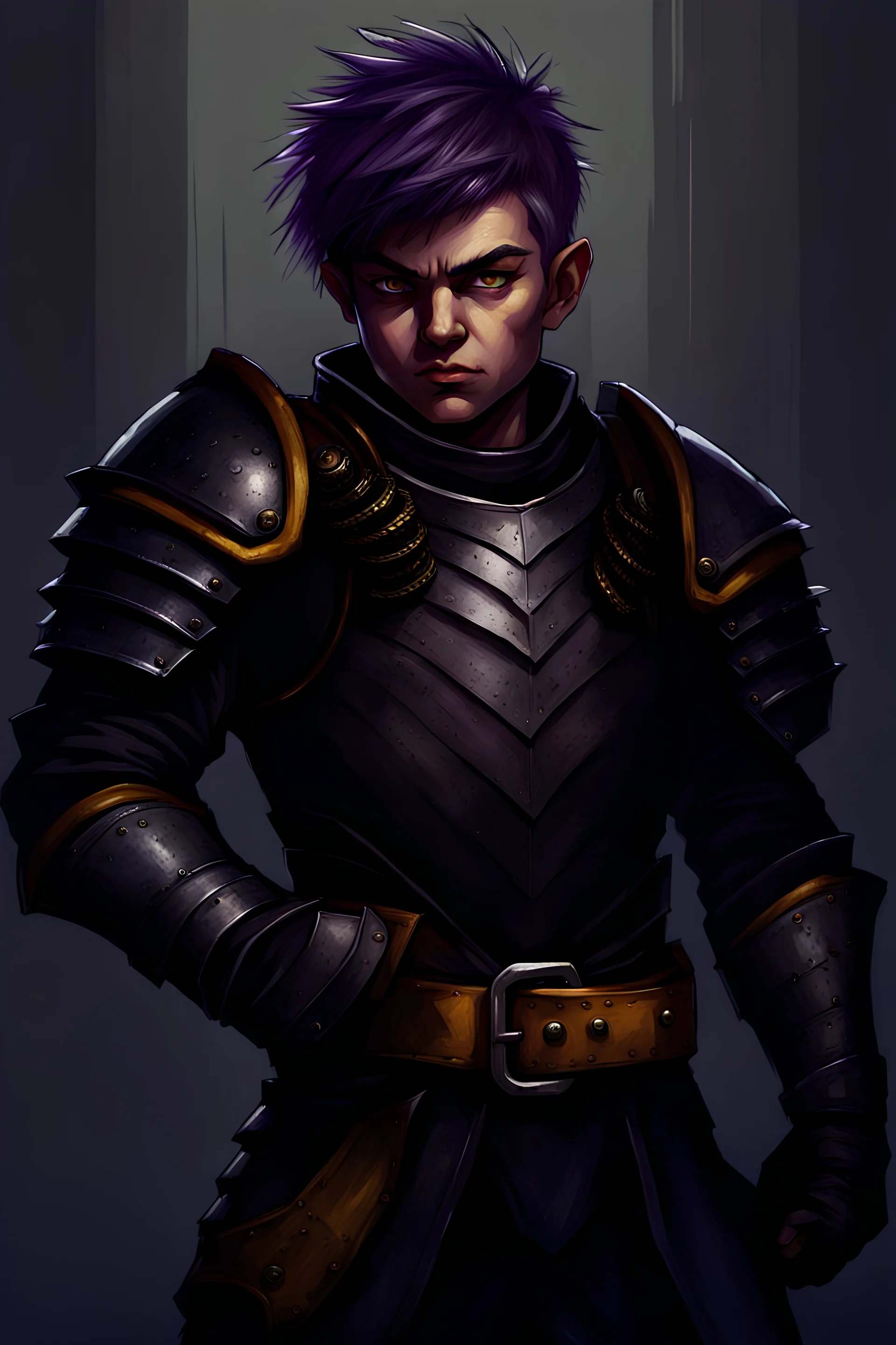 fierce expression, short man, halfling, purple spiky hair, dark black detailed heavy armor, armored shoulderpad, armored pants, realistic, realism, painting, yellow eyes, chain strapped on the belt,