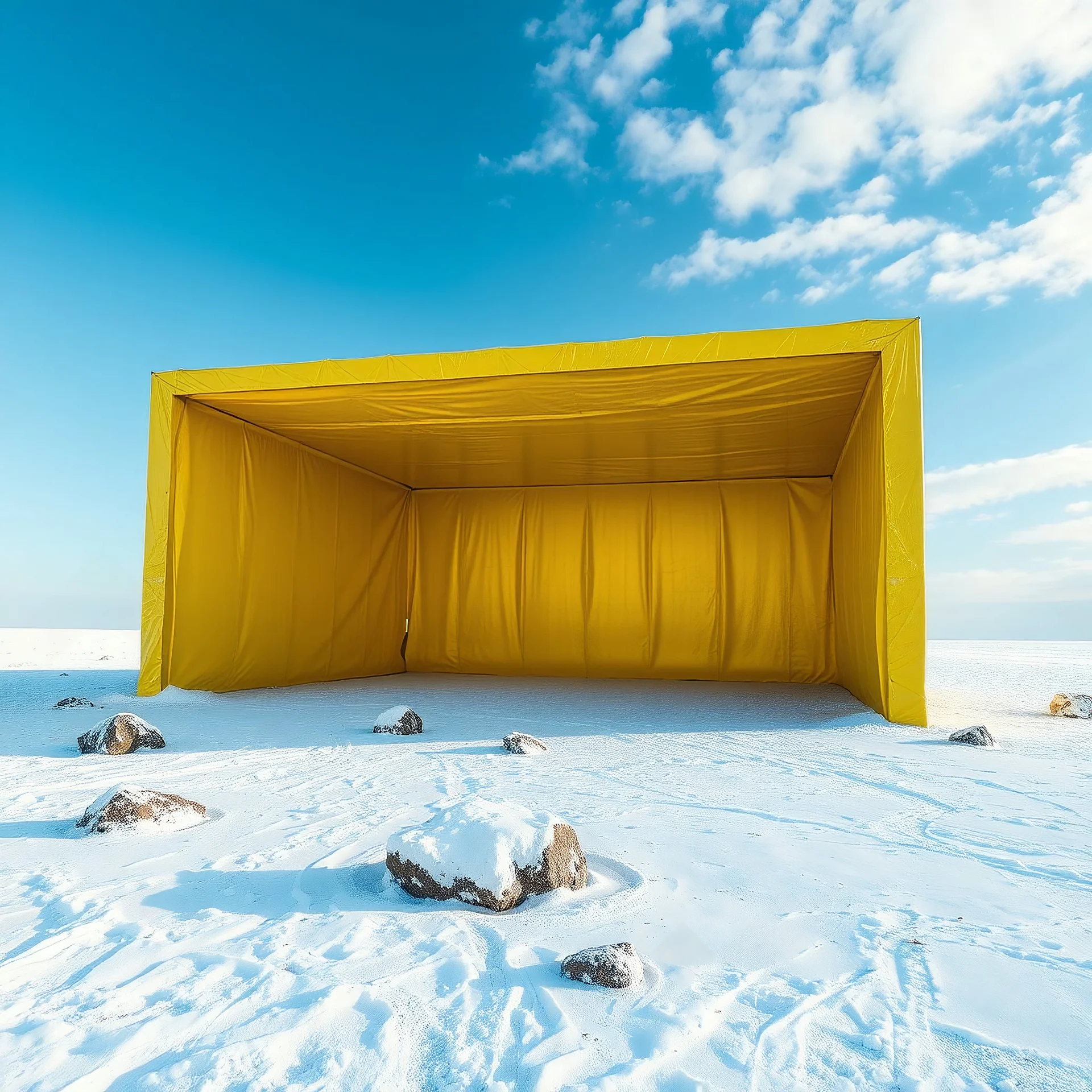 Photograph, snow wasteland, tundra, bright yellow reflective aluminum cover, brutalist, daylight, all'aria aperta, rocce, infinite cage up to the sky, brutalist, liquid, polvere, open air museum style, blue, apparecchi elettronici, powder, punto giallo, minimalist, details of the dust very accentuated, deep 3d field