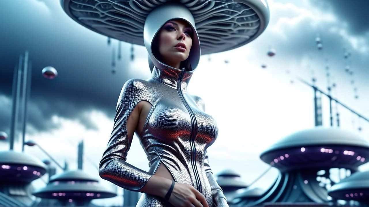 A slim young woman in a silver catsuit with circuitry, standing in a futuristic alien city holding an umbrella shaped like a mushroom with tentacles