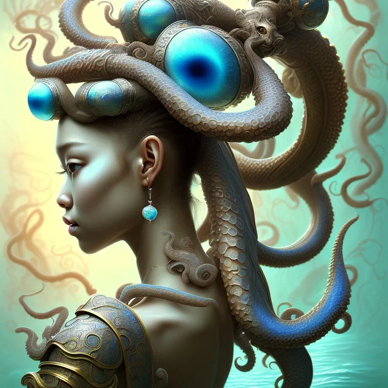 Sango fantasy, fantasy magic, intricate, sharp focus, illustration, highly detailed, digital painting, concept art, matte, art germ and Paul Lewin and Kehinde Wiley, masterpiece Japanese dancer head bronze octopus' Asian African girl nice breast Thai hair turquoise silver blue under water