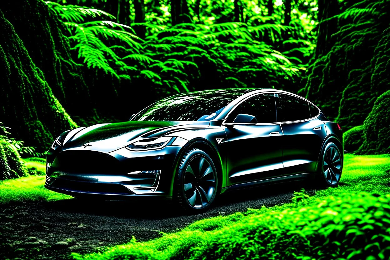 A Tesla's 'Model S Plaid' is parked, amid the 'Jurassic Park' jungle. CINEMATIC. WIDE ANGLE LENS. PHOTO REAL.