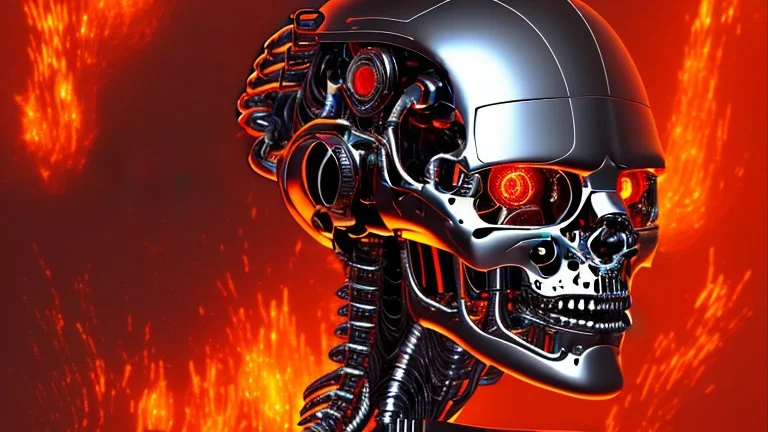 A face of a Terminator-style robot surrounded by flames reminiscent of hell