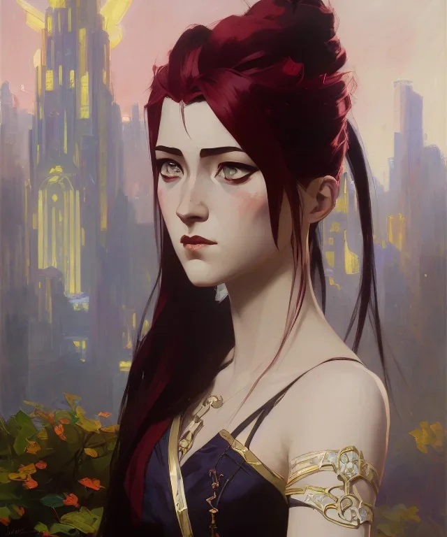 realist impressionist portrait of "The Curious Female" by Ross Tran rework. Masterpiece, best quality, painted impressionist brush strokes. paint drips and drabs and splatters by and by art nouveau and richard schmid . Paint spatters, drips, drabs, dynamic, artstation, artgerm