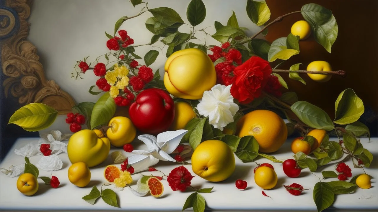 Pintura barroca con granadas abiertas, limones, rosas rojas y hojas de olivo. Un sencillo avión de papel blanco atraviesa la escena como un elemento imposible.