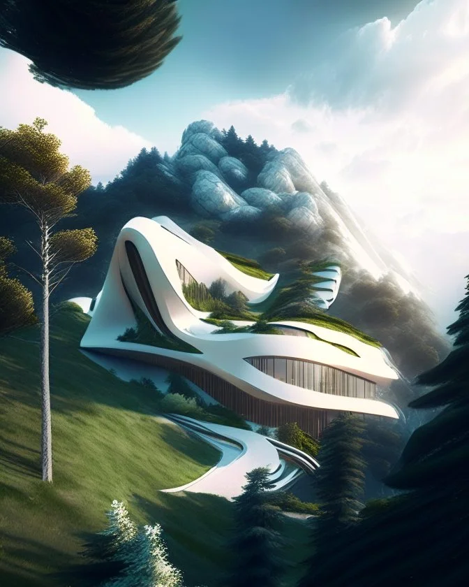 Villa on the mountain architecture Zaha Hadid trees people summer weather clouds hyper realistic 8k