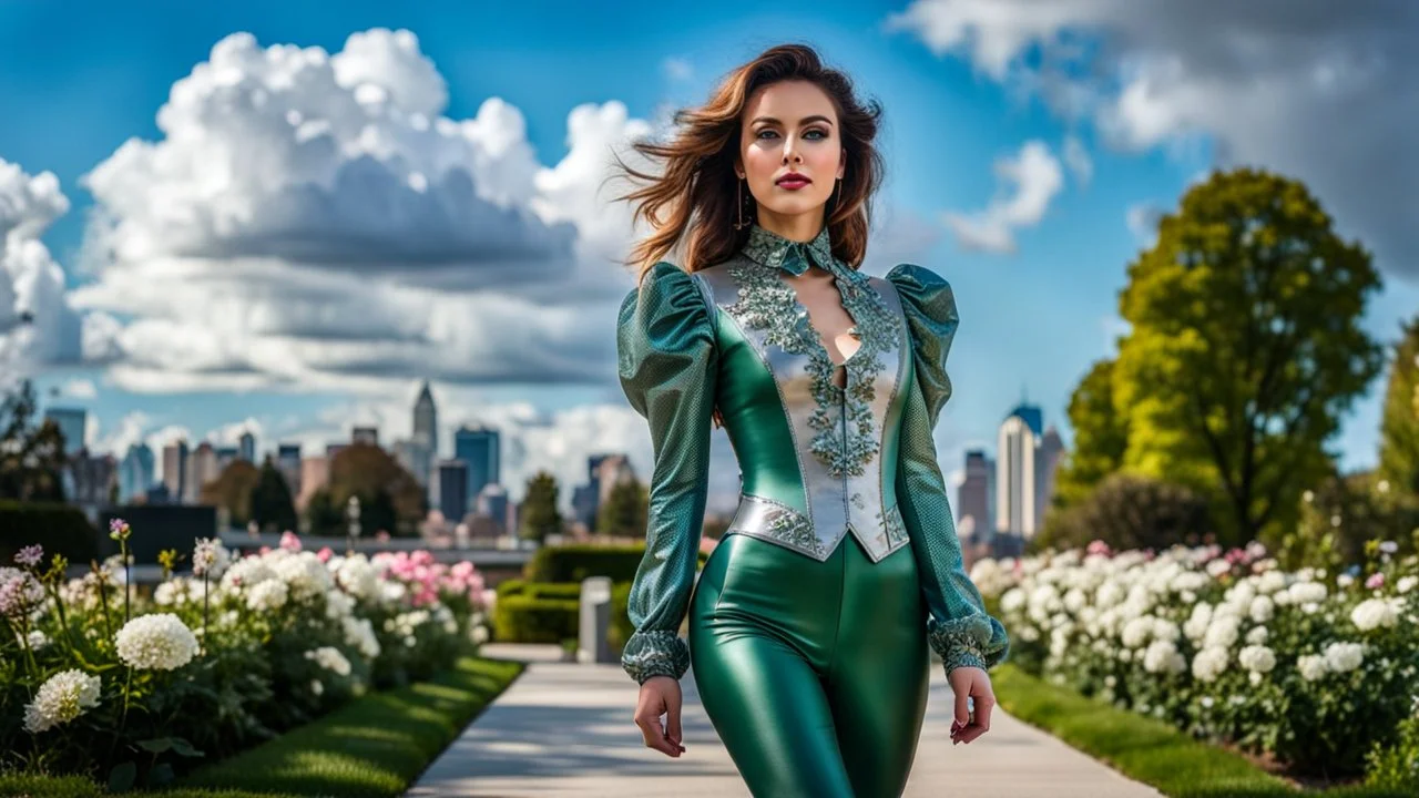 fullbody close up of girl makeup wearing a dark green-silver victorian top and pants and pretty boots walking in moder city of 2040 park ,flowers ,pretty clouds in blue sky,city escape.