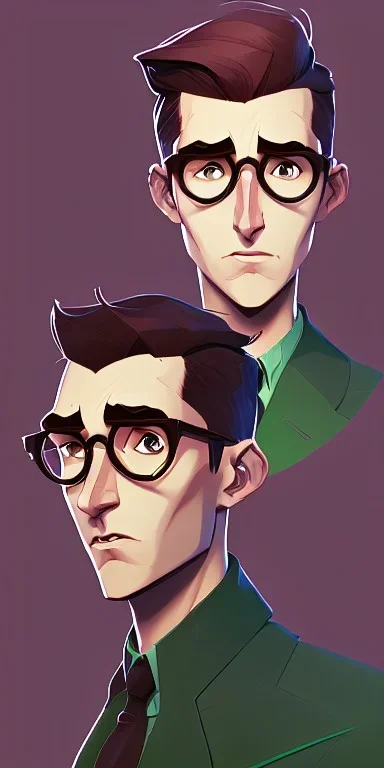 Fit man in round glasses, wavy hair, stubble,no beard, slim, tie, monotone, green eyes, comic book style, two tone colours, detailed, ink, realistic, handsome, square jaw, big brows, no jacket, bird on the shoulder, spotlight