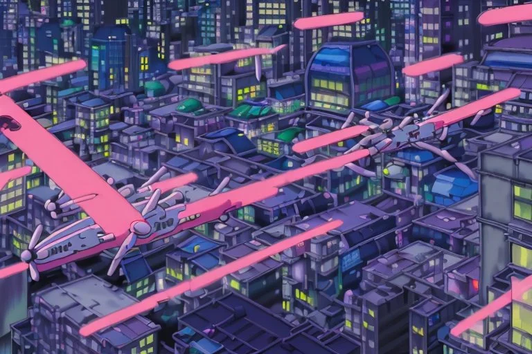 An intense still from a chase scene through the labyrinthine alleys of cyberpunk Gastown. Yui and Toshi sprint, oxygen tanks strapped to their backs, as they evade AeroCorp drones. The city's futuristic neon lights cast long, twisted shadows, adding a sense of urgency and danger.