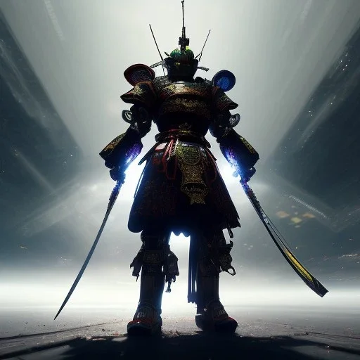 A portrait of a crystalised robot samurai with yakuza tatu, atmospheric, realistic, unreal engine cosmic galactic, cinematic lighting, octane render, cosmic ambiance, masterpiece, art by Yoji Shinkawa, composing fit inside, masterpiece