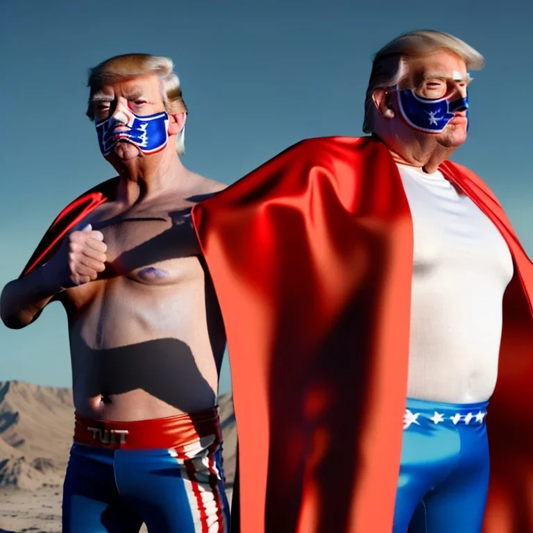 realistic image of donald trump as a mexican wrestling fighter posing outdoors, Mexican eyes wrestling mask, red and blue breeches, confederate flag cape, retro style, 80s, vibrant color, highly detailed, sky background, concept art, unreal engine 5, god rays, ray tracing, RTX, lumen lighting, ultra detail, volumetric lighting, 3d, finely drawn, high definition, high resolution.