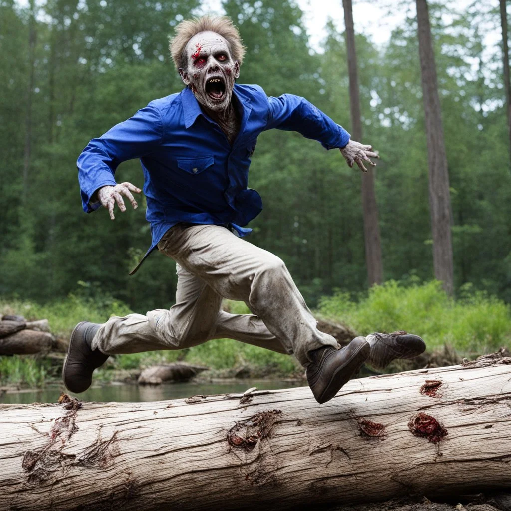 Timothy Carey as a zombie, jumping on a log