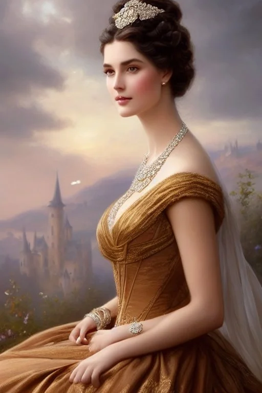 beautiful and gorgerous duchess with incredible jewellery in 19th century clothing by Greg Rutkowski and Artgerm and Emile Vernon and Vladimir Volegov, in a brown dress, mystical castle background, art illustration, natural beauty, muted colors, pastels, perfect fingers, higly detailed, expressive, high detail, symmetrical, digital painting, symmetrical eyes, dynamic lighting, artstation, cinematic lighting, intricate artwork, emitting diodes, smoke, artillery, sparks, racks, system unit, mother