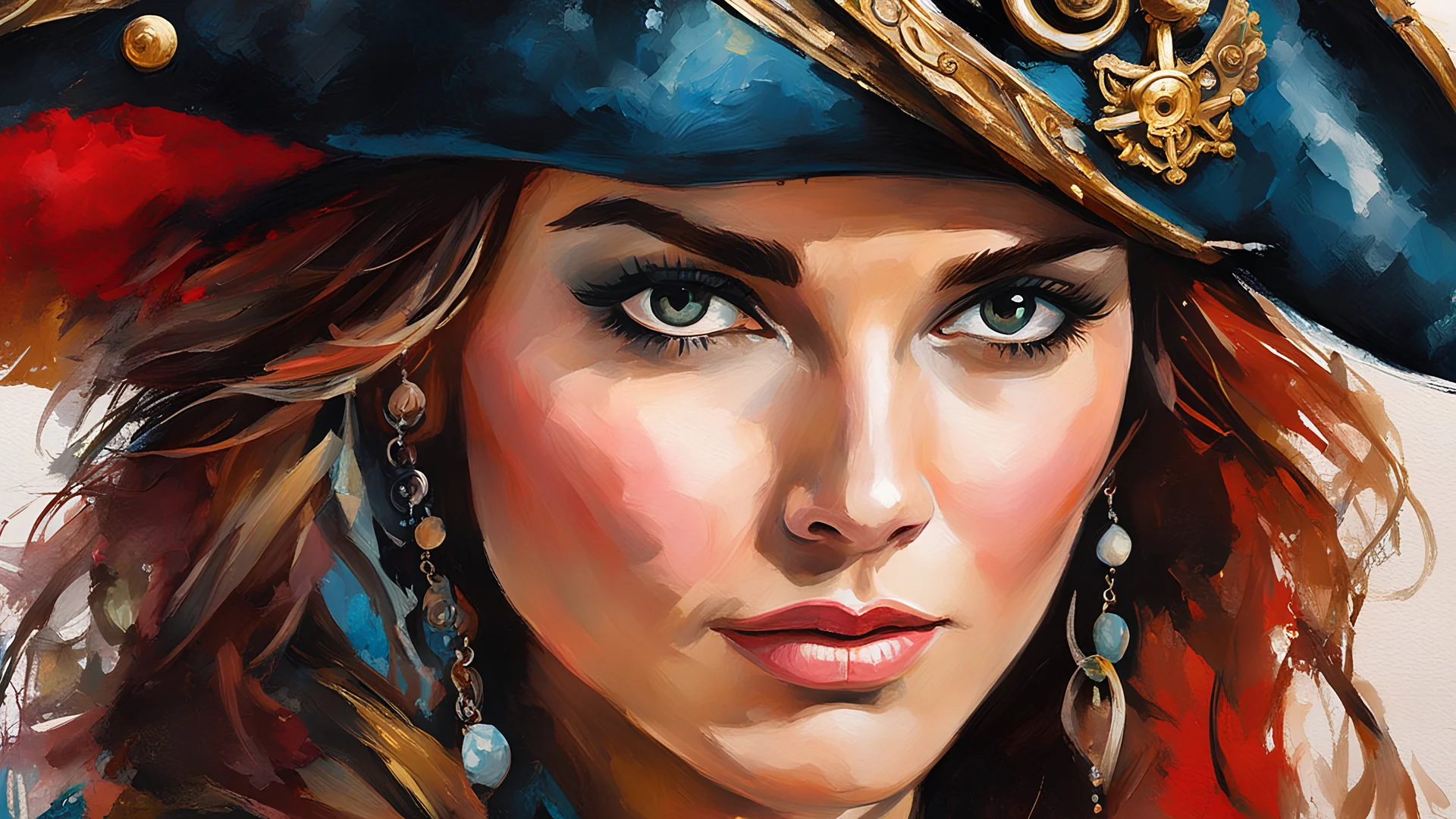 the pirate in the hat, loose painting style, a close up portrait of a (woman), detailed, hand painted, by prt