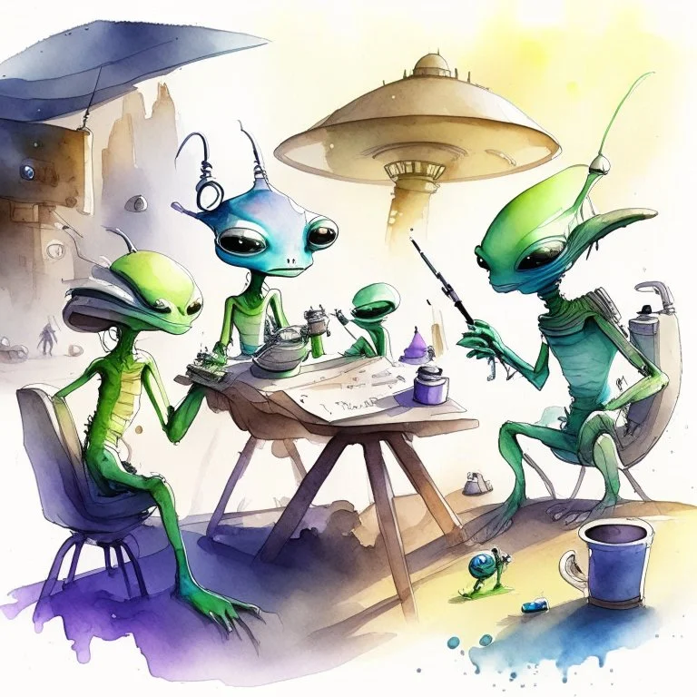 create a watercolour painting of some aliens bazar and aliens doing daily task work,